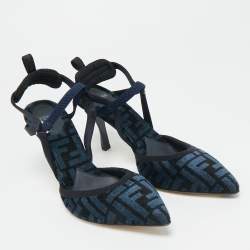 Pre Owned Fendi Navy Blue/Black Zucca Velvet Colibri Pumps Size 37
