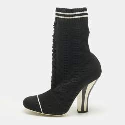 Pre Owned Fendi Black Knit Fabric Rockoko Ankle Length Boots Size 37