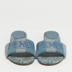 Pre Owned Fendi Blue Canvas Sunshine Flat Slide Size 40