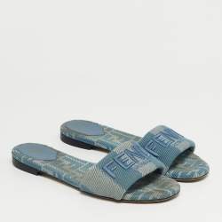 Pre Owned Fendi Blue Canvas Sunshine Flat Slide Size 40
