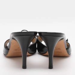 Pre Owned Fendi Black Patent Leather Logo Plaque Open Toe Sandals Size 37