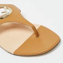 Pre Owned Fendi Brown Leather F Logo Thong Flats Size 38