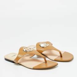 Pre Owned Fendi Brown Leather F Logo Thong Flats Size 38