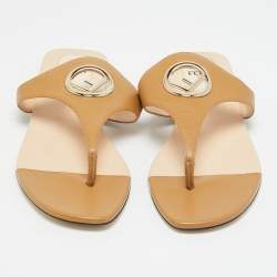 Pre Owned Fendi Brown Leather F Logo Thong Flats Size 38