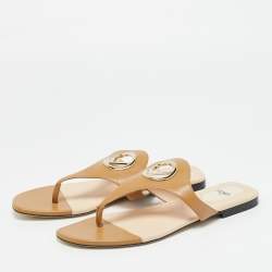Pre Owned Fendi Brown Leather F Logo Thong Flats Size 38