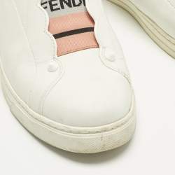 Pre Owned Fendi White Leather Logo Knit Rockoko Scallop Detail Slip On Sneakers Size 39.5
