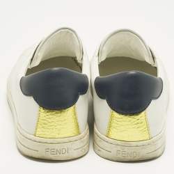 Pre Owned Fendi White Leather Logo Knit Rockoko Scallop Detail Slip On Sneakers Size 39.5