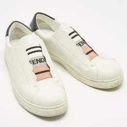 Pre Owned Fendi White Leather Logo Knit Rockoko Scallop Detail Slip On Sneakers Size 39.5