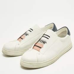 Pre Owned Fendi White Leather Logo Knit Rockoko Scallop Detail Slip On Sneakers Size 39.5