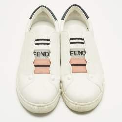 Pre Owned Fendi White Leather Logo Knit Rockoko Scallop Detail Slip On Sneakers Size 39.5