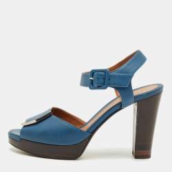 Pre Owned Fendi Blue Leather Peep Toe Platform Ankle Strap Sandals Size 39