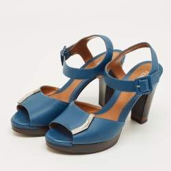 Pre Owned Fendi Blue Leather Peep Toe Platform Ankle Strap Sandals Size 39
