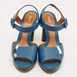 Pre Owned Fendi Blue Leather Peep Toe Platform Ankle Strap Sandals Size 39