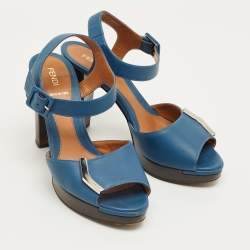 Pre Owned Fendi Blue Leather Peep Toe Platform Ankle Strap Sandals Size 39