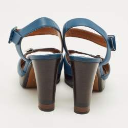 Pre Owned Fendi Blue Leather Peep Toe Platform Ankle Strap Sandals Size 39