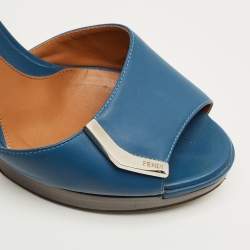 Pre Owned Fendi Blue Leather Peep Toe Platform Ankle Strap Sandals Size 39