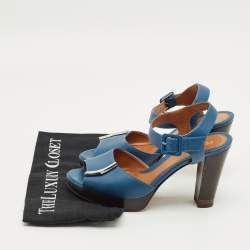Pre Owned Fendi Blue Leather Peep Toe Platform Ankle Strap Sandals Size 39