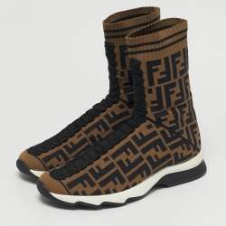 Pre Owned Fendi Brown/Black Zucca Knit Fabric Sock Sneakers Size 38