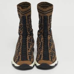 Pre Owned Fendi Brown/Black Zucca Knit Fabric Sock Sneakers Size 38