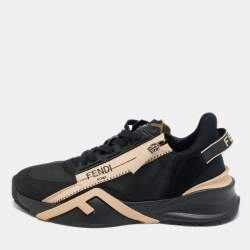 Pre Owned Fendi Black/Beige Mesh and Suede Flow Sneakers Size 38