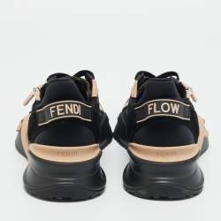 Pre Owned Fendi Black/Beige Mesh and Suede Flow Sneakers Size 38
