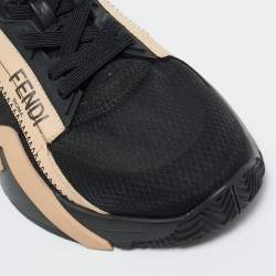 Pre Owned Fendi Black/Beige Mesh and Suede Flow Sneakers Size 38
