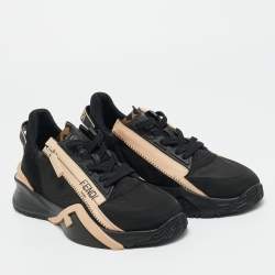 Pre Owned Fendi Black/Beige Mesh and Suede Flow Sneakers Size 38