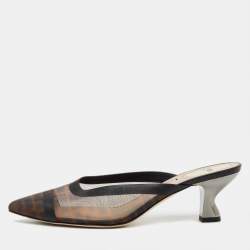Pre Owned Fendi Brown/Black Zucca Mesh and Leather Colibri Pointed Toe Mules Size 40