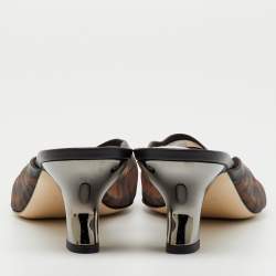 Pre Owned Fendi Brown/Black Zucca Mesh and Leather Colibri Pointed Toe Mules Size 40