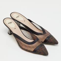 Pre Owned Fendi Brown/Black Zucca Mesh and Leather Colibri Pointed Toe Mules Size 40