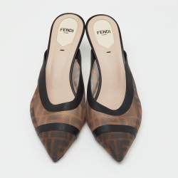 Pre Owned Fendi Brown/Black Zucca Mesh and Leather Colibri Pointed Toe Mules Size 40