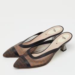Pre Owned Fendi Brown/Black Zucca Mesh and Leather Colibri Pointed Toe Mules Size 40