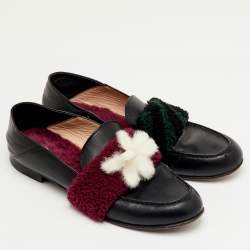 Pre Owned Fendi Multicolor Leather and Shearling Fur Flower Slip On Loafers Size 40