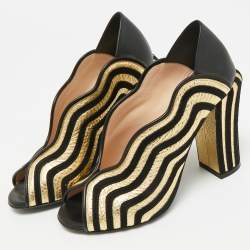 Pre Owned Fendi Black/Gold Leather and Suede Block Heel Pumps Size 35.5