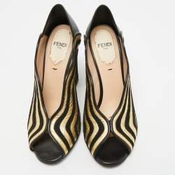 Pre Owned Fendi Black/Gold Leather and Suede Block Heel Pumps Size 35.5