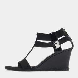Pre Owned Fendi Size 41 Black Elastic and Patent Leather Espadrille Wedge Sandals