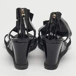 Pre Owned Fendi Size 41 Black Elastic and Patent Leather Espadrille Wedge Sandals