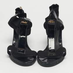 Pre Owned Fendi Size 41 Black Elastic and Patent Leather Espadrille Wedge Sandals