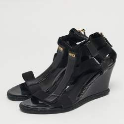 Pre Owned Fendi Size 41 Black Elastic and Patent Leather Espadrille Wedge Sandals