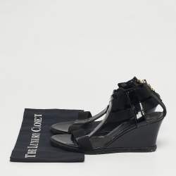 Pre Owned Fendi Size 41 Black Elastic and Patent Leather Espadrille Wedge Sandals
