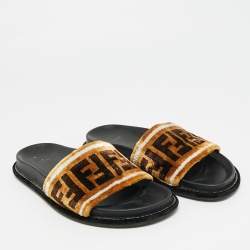 Pre Owned Fendi Size 36 Brown FF Velvet Monogram Flat Slides 