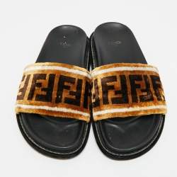 Pre Owned Fendi Size 36 Brown FF Velvet Monogram Flat Slides 