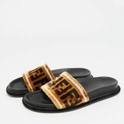 Pre Owned Fendi Size 36 Brown FF Velvet Monogram Flat Slides 