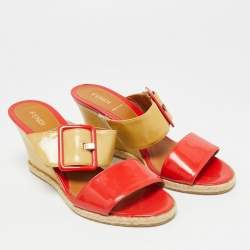 مملوكة مسبقًا Fendi Size 38 Yellow Patent Leather Espadrille Wedge Slide Sandals