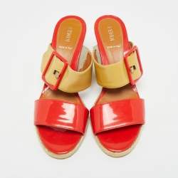 مملوكة مسبقًا Fendi Size 38 Yellow Patent Leather Espadrille Wedge Slide Sandals