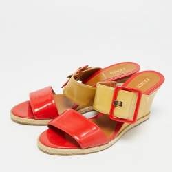 مملوكة مسبقًا Fendi Size 38 Yellow Patent Leather Espadrille Wedge Slide Sandals