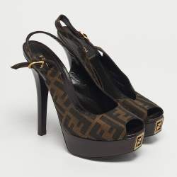 Pre Owned Fendi Fendista Size 39 Tobacco Zucca Canvas Platform Slingback Sandals