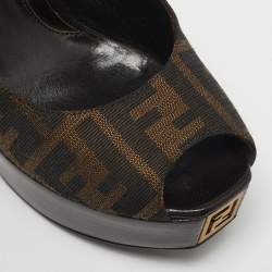 Pre Owned Fendi Fendista Size 39 Tobacco Zucca Canvas Platform Slingback Sandals