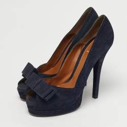 Pre Owned Fendi Size 41 Navy Blue Suede Bow Peep Toe Platform Pumps