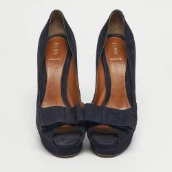 Pre Owned Fendi Size 41 Navy Blue Suede Bow Peep Toe Platform Pumps